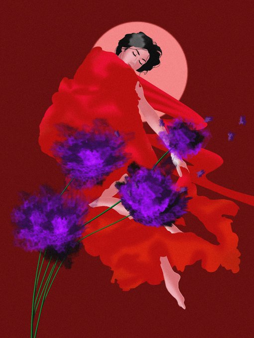 A stylized illustration of a woman in a flowing red dress holding purple flowers, with her eyes closed against a pale moon backdrop on a deep red background.