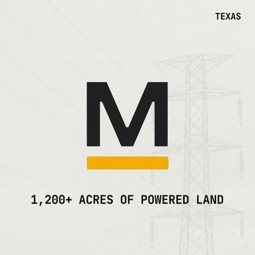 A graphic featuring a large "M" logo with a yellow underline, set against a backdrop of electrical transmission towers, with "TEXAS" in the top right and "1,200+ ACRES OF POWERED LAND" at the bottom, visually reinforcing MARA Holdings' ($MARA) acquisition of a 1,200-acre powered land site in Texas to develop a 2 GW AI and bitcoin campus.