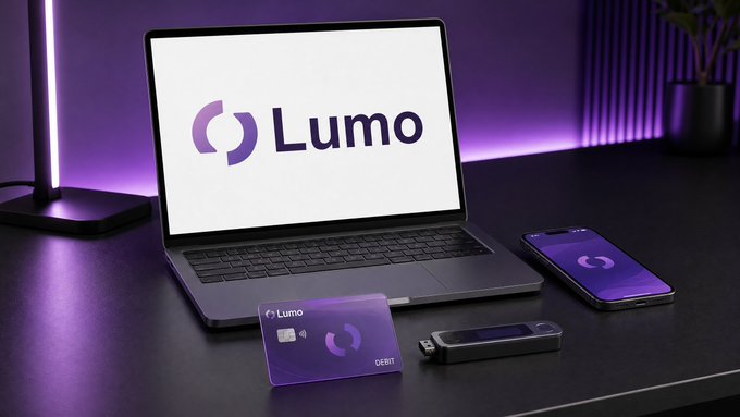 A product photo displaying the 'Lumo' brand on a laptop screen, a smartphone, a debit card, and a USB device, all set against a dark desk illuminated with purple ambient lighting.