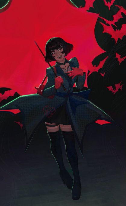 An anime-style illustration of a dark-haired character in a teal and black outfit with thigh-high boots, holding a needle, set against a dramatic red background with silhouettes of leaves and a bat.