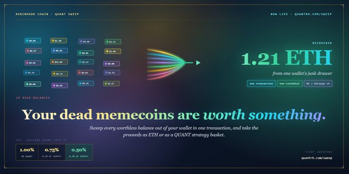 A promotional graphic for 'ROSEWOOD CHAIN - QUART SWEEP' advertising the recovery of 1.21 ETH from dead memecoins, showing various token balances and a 'Cores Trend' chart.