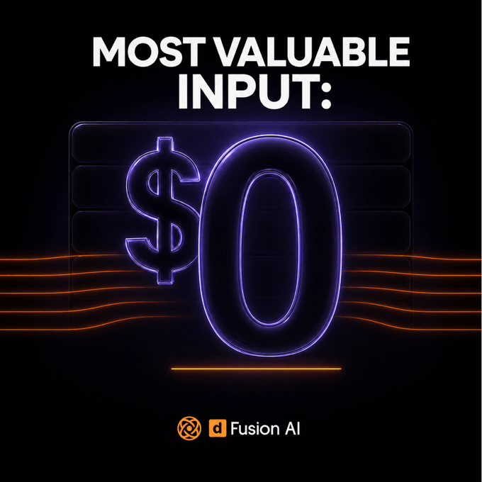 A neon-lit "$0" glows beneath the text "MOST VALUABLE INPUT:" with the "dFusion AI" logo at the bottom, visually reinforcing the post's critique that human knowledge—the economy's most valuable input—is uncompensated at "$0," which inspired the creation of dFusion to redistribute that value.