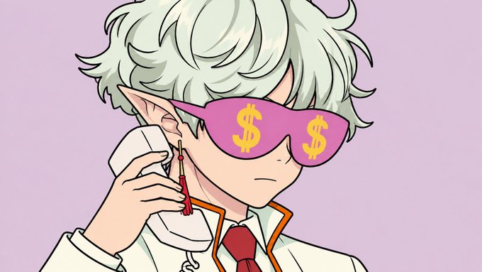 An anime character with white hair wears pink sunglasses featuring yellow dollar signs and holds a phone to their ear. The post celebrates being a first-generation earner in their family, matching the character's flashy, money-themed accessories that symbolize newfound wealth.