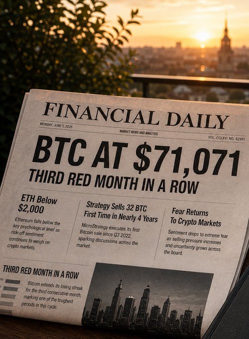 The image shows a newspaper advertisement promoting Bitcoin with a focus on the third red month in a row. A headline reads, "BTC at $71,071ETH below $2,000. Strategy sold 32 BTC first time in nearly 4 years. The market is bleeding. The prepared are positioning. Because every cycle rewards the traders who stay disciplined while everyone else panic." The advertisement's visual elements include a city skyline with buildings and trees, indicating an urban setting.