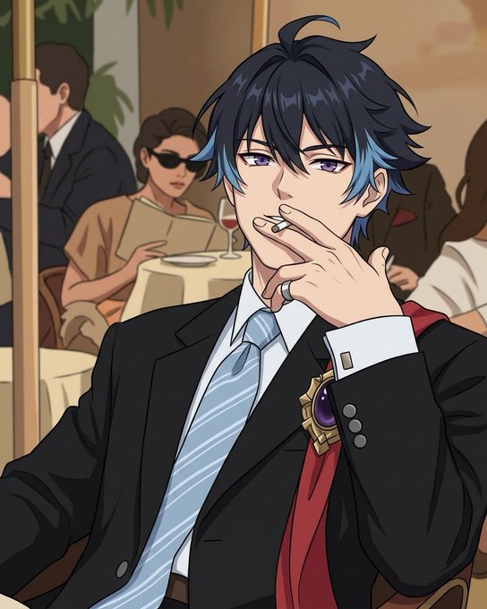 An anime-style illustration of a young man in a black suit with a blue striped tie, smoking a cigarette at an outdoor cafe.