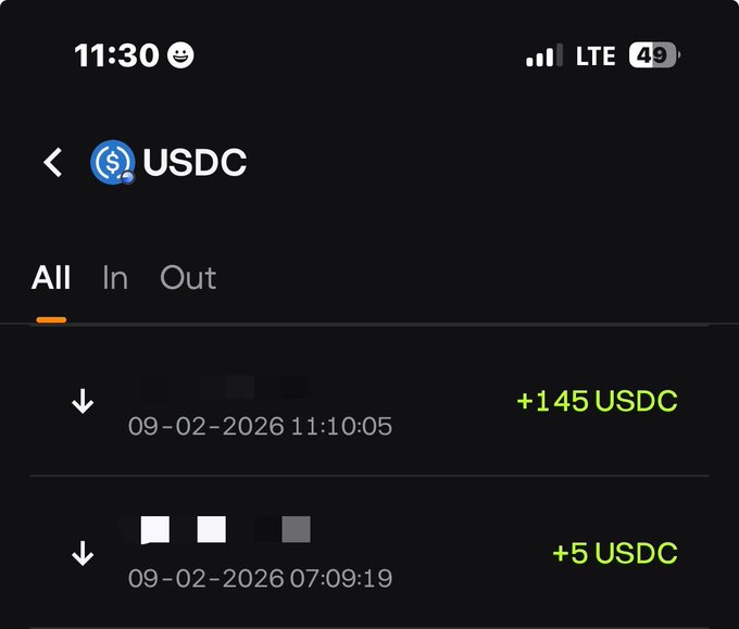 A cryptocurrency wallet screenshot showing USDC transactions, including a +145 USDC entry dated 09-02-2026 at 11:10:05 and a +5 USDC entry at 07:09:19, with a battery at 49%.