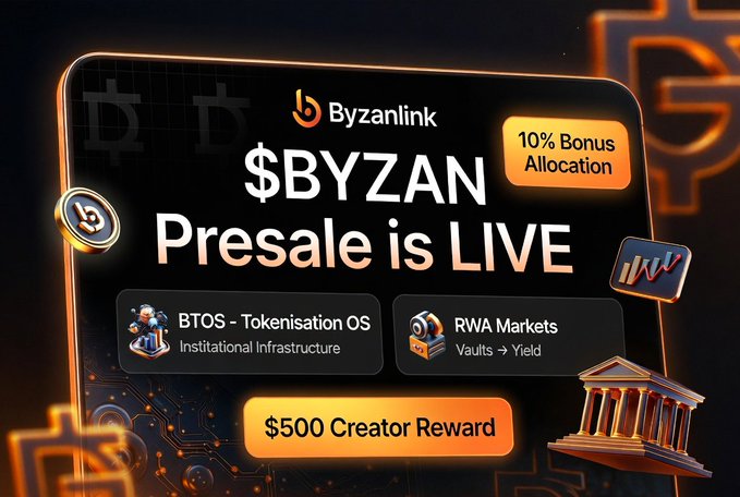 A promotional graphic announces that the **$BYZAN Presale is LIVE**, featuring a "10% Bonus Allocation" badge, alongside highlights of Byzanlink's **BTOS – Tokenisation OS** (institutional infrastructure) and **RWA Markets** (vaults yielding yield), plus a **$500 Creator Reward** offer. The design visually ties to the post by showcasing the same presale details and dual pillars of tokenization infrastructure and RWA yield opportunities.