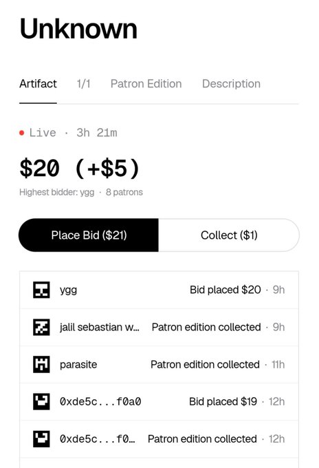 A mobile screenshot of an auction page for an item titled 'Unknown' showing a current bid of '$20 (+$5)' and a list of recent bidders and collectors.