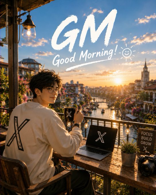 An AI-generated illustration showing a young man with glasses sitting at a balcony workspace with a laptop and coffee, featuring the text 'GM Good Morning!' and 'FOCUS BUILD GROW X' overlooking a sunset canal scene.