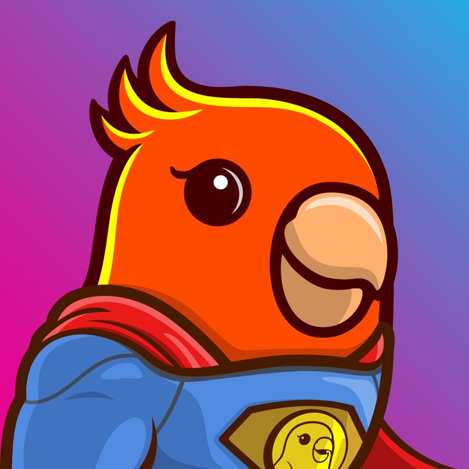 Stylized cartoon mascot illustration of an orange bird character wearing a blue superhero-like outfit with a Superman-style emblem, set against a purple-blue gradient background.
