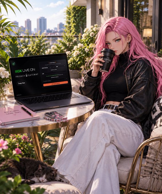 A digital illustration of a woman with long pink hair sitting at a balcony table drinking from a coffee cup, with a laptop displaying 'BOX LIVE ON' and 'PRIVACY GATEWAY', and a sleeping cat resting nearby.