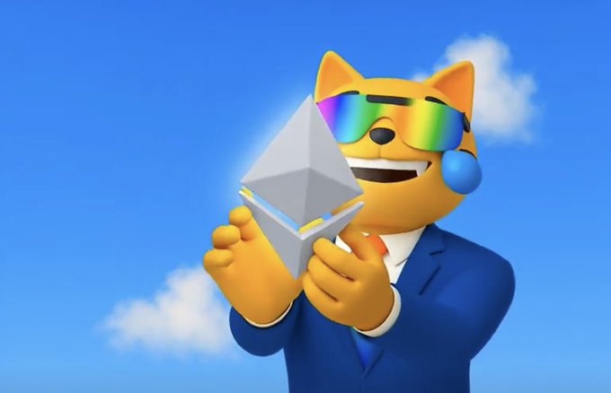 A 3D-rendered orange dog character wearing a blue suit and rainbow sunglasses smiles while holding up an Ethereum (ETH) logo.