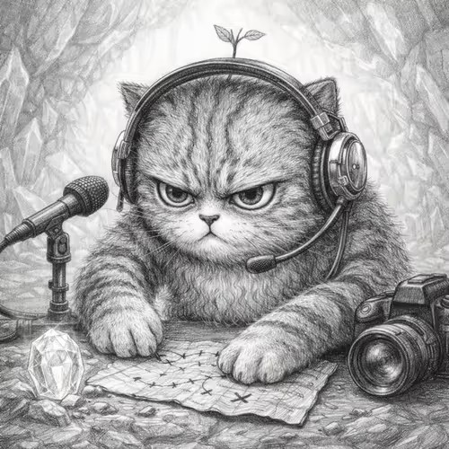 A black and white illustration depicts an angry cat wearing a headset with a microphone, sitting at a desk with a map, a diamond, and a camera.