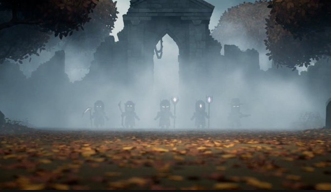 A misty, atmospheric scene shows five small, hooded figures with glowing eyes holding weapons, standing before a ruined stone archway in an autumn forest.