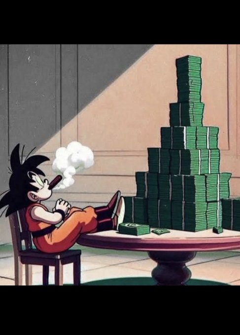 An animated cartoon showing a boy with spiky black hair sitting at a table, smoking a cigar while looking at a massive pyramid of stacked money.