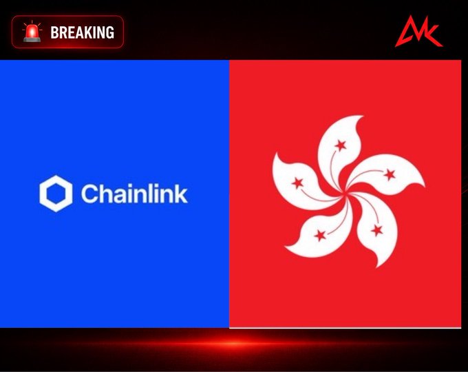 A 'BREAKING' news graphic displaying the Chainlink logo on a blue background alongside the Hong Kong flag on a red background, with a stylized 'MK' logo in the top right.