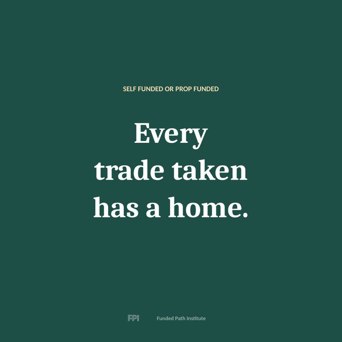 A dark green graphic with the yellow text 'SELF FUNDED OR PROP FUNDED' at the top, the large white text 'Every trade taken has a home.' in the center, and 'Funded Path Institute' at the bottom.