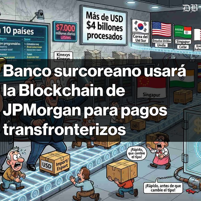 A cartoon illustration showing a factory scene with workers moving boxes labeled 'USD Import/Export' along a conveyor belt, with overhead displays showing 'Más de USD $4 billones procesados', '$7.000 millones diarios USDbS', and flags of countries including South Korea, USA, India, and Singapore; the overlay text reads 'Banco surcoreano usará la Blockchain de JPMorgan para pagos transfronterizos'.