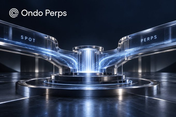 A futuristic 3D rendering displays glowing blue tubes of data flowing into a central structure, with text reading "Ondo Perps" alongside the labels "SPOT" and "PERPS".