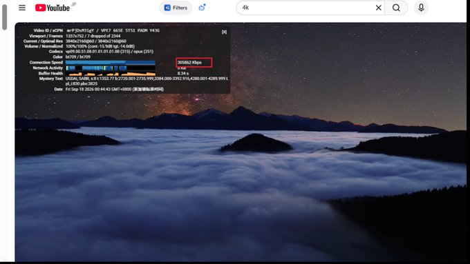 A YouTube video player playing a stunning 4K landscape of mountains above a sea of clouds under a starry night sky, with the stats overlay (right-click context menu) showing the "Current / Optimal Res" is 3840x2160@60fps and "Connection Speed" is 405863 Kbps. This visually confirms the user's comment that the 4K video streams smoothly at high bitrates for just $4, showcasing excellent video quality and playback performance.