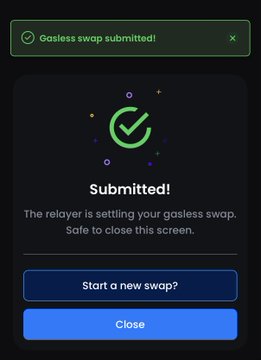 A digital notification confirming 'Gasless swap submitted!' with a green checkmark icon, noting 'The relayer is setting your gasless swap,' and offering buttons to 'Start a new swap?' or 'Close'.