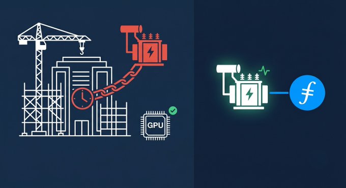 The image contrasts two stages of data center development: on the left, a construction site with a crane, building, and a chained-down GPU marked with a clock and green checkmark, illustrating delayed, under-construction infrastructure; on the right, an electrical transformer connected to a Filecoin (FIL) coin, symbolizing operational, grid-powered storage. The caption emphasizes Filecoin's strategy of leveraging already-powered facilities, bypassing the construction and electrical bottlenecks highlighted in the left image.
