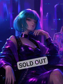 A digital artwork of an anime-style character with teal hair wearing a purple and black leather jacket, with a 'SOLD OUT' label overlaid on the image.