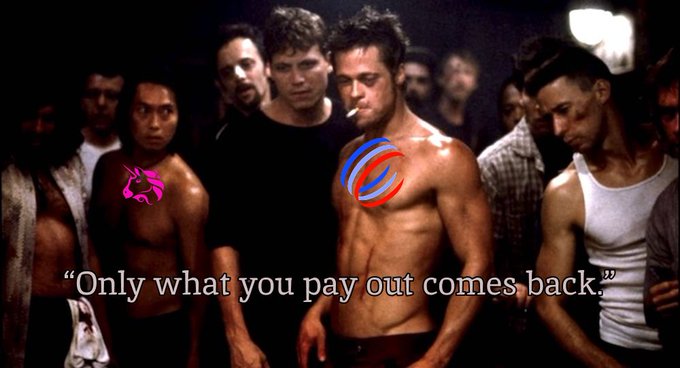 A scene from the movie Fight Club showing a group of shirtless and clothed men, with the text 'Only what you pay out comes back.' overlaid at the bottom, along with some digital graphic additions.