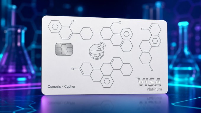 A white Visa Platinum card branded with 'Osmosis x Cypher' featuring chemistry beaker illustrations and hexagonal molecular designs, set against a neon blue and purple laboratory background.