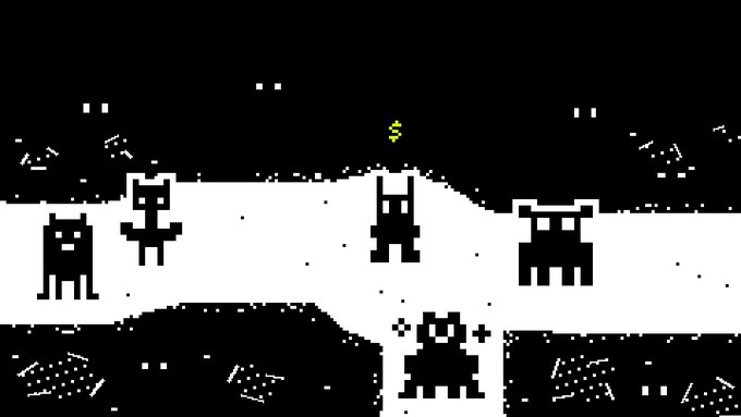 A black and white pixel art retro video game scene featuring small blocky cat-like characters on a landscape with a yellow dollar sign symbol floating above.