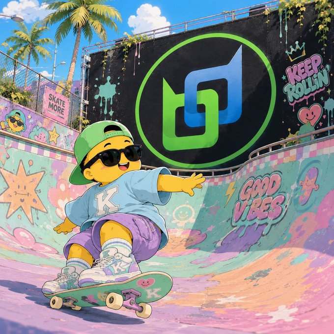 A cartoon-style illustration of a boy in a green cap and sunglasses skateboarding at a colorful skate park with a large "JD" logo and "GOOD VIBES" text on the ramp.