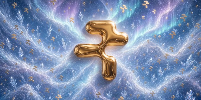 A golden, glossy 3D plus sign floats against a sparkling, ethereal background of icy blue waves and purple auroras, with smaller golden plus symbols scattered throughout.