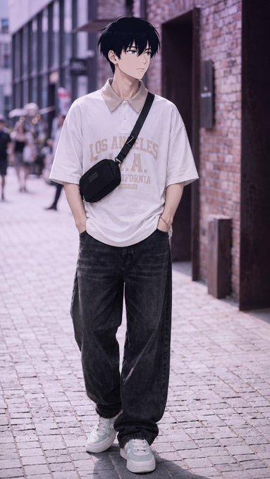 An anime-style digital illustration of a young man with black hair wearing a white 'LOS ANGELES CALIFORNIA' t-shirt, dark loose jeans, and a black crossbody bag, standing on a brick street with brick buildings in the background.