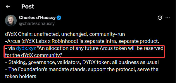 A tweet from Charles d'Haussy (@charlesdhaussy) discussing the relationship between dYdX Chain and Arcus (a dYdX Labs x Robinhood collaboration), with a red box highlighting a quote from dydx.xyz stating that "An allocation of any future Arcus token will be reserved for the dYdX community." The image supports the accompanying post's argument about farming the Arcus project on Robinhood, emphasizing the reserved token allocation for dYdX community members as a key incentive.