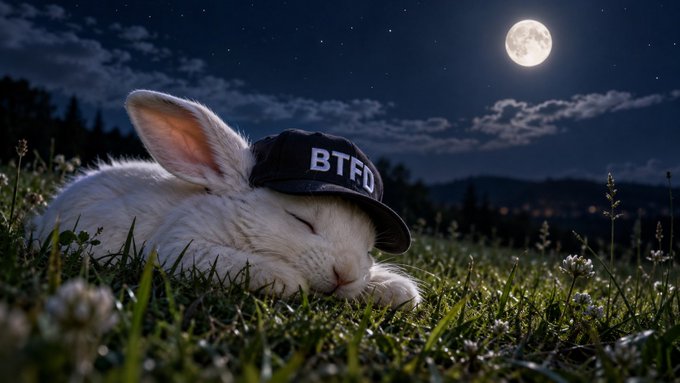 A white rabbit sleeps peacefully in a grassy field at night under a full moon, wearing a black cap with 'BTFD' written in white letters.
