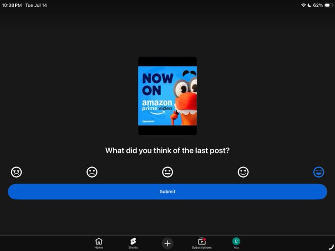 Screenshot of an Amazon Prime Video app interface on a tablet at 10:38 PM showing 'NOW ON' promotion and a feedback question 'What did you think of the last post?' with a Submit button.