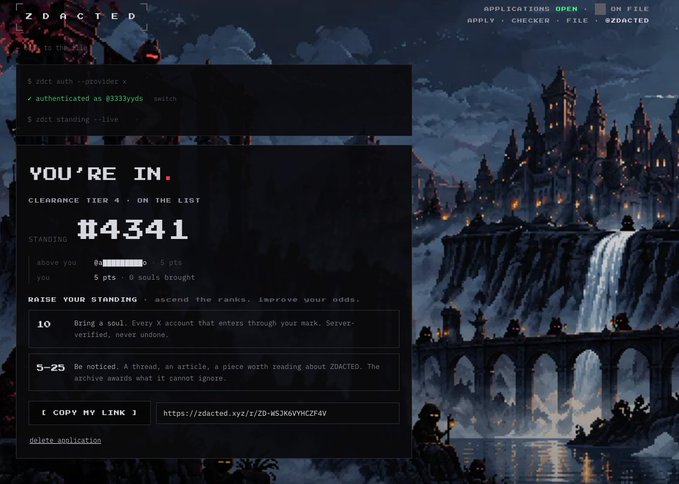A dark-themed web interface titled 'ZDACTED' showing a 'YOU'RE IN' confirmation message with standing #4341 and a referral link, set against a pixel-art castle landscape.