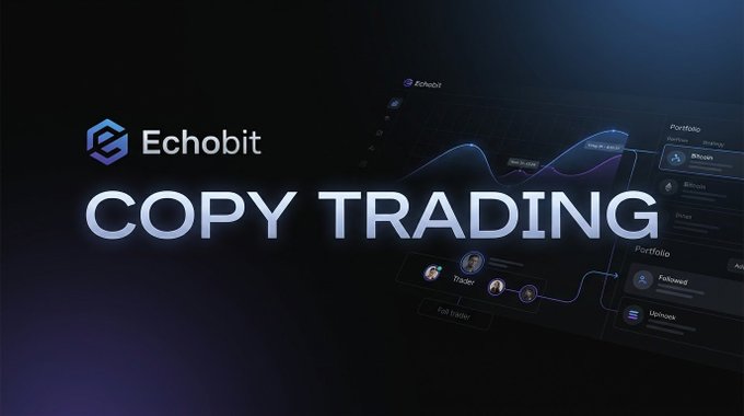 A promotional graphic for Echobit featuring the text 'COPY TRADING' against a dark background showing a digital trading interface.