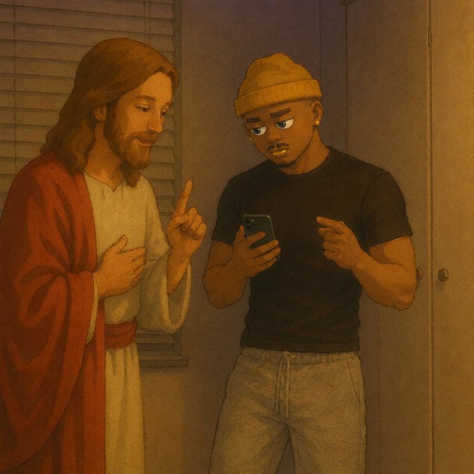 A digital illustration depicting a figure resembling Jesus in a red robe standing next to a young man wearing a yellow beanie and black shirt, who is looking at his smartphone.