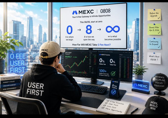 An illustration of a person wearing a 'MEXC' cap and 'USER FIRST' hoodie sitting at a desk with trading monitors, facing a screen reading 'MEXC | 0808' and '0 -> 8 -> ∞' with the subtitle 'How Far Will MEXC Take 0 Fee Next?'.