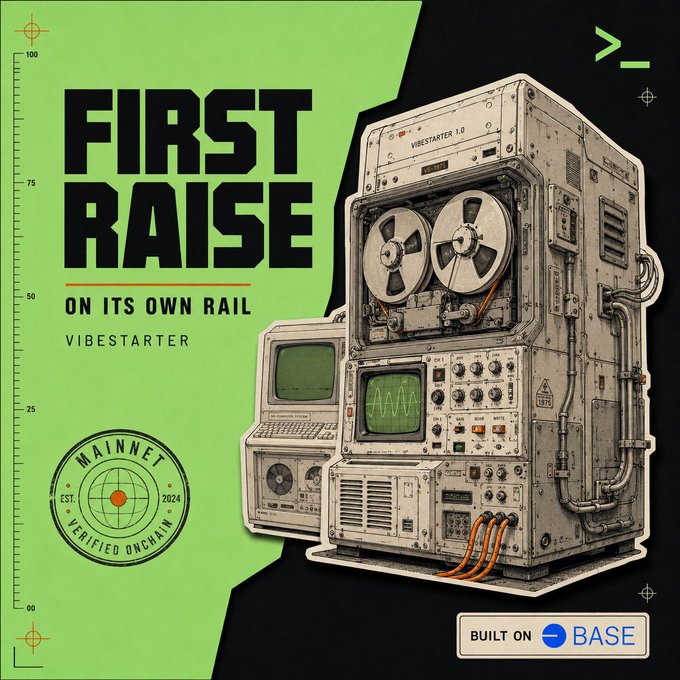 The image features a cartoon illustration of an old-fashioned, large radio with two stacked speakers on top. Below the image, there are black text elements which read "First Raise On Its Own Rail" and "vibesstarter app". The image also includes information about the app's launch date, time (June 12th at 3PM), and location of its first fundraising event. The main focus is on how this project combines modern technology with traditional analogies to explain its unique concept.