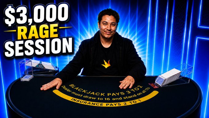 A man in a black hoodie smiles behind a blackjack table with bold yellow text reading "$3,000 RAGE SESSION," promoting a YouTube giveaway tied to the video at youtu.be/qRBmToevMOk where viewers can win a Stake giveaway by following, liking, and subscribing, with winners drawn in 48 hours.