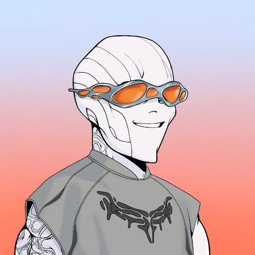 The image features a cartoon-style drawing of an alien wearing sunglasses, with a tattooed arm visible beneath the arm. The background color appears to be pinkish orange, which complements the overall style of the artwork. The caption at the bottom of the image reads "Joined one of the hottest and freshest projects of this cycle Shoutout to @Anomalybyarti".