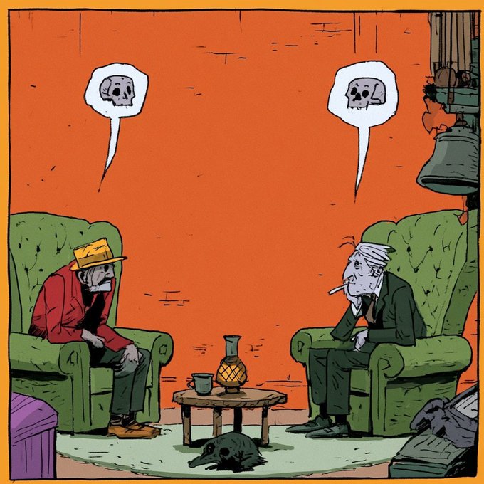 Two weary, cartoonish men sit across from each other in green armchairs in a dimly lit room with an orange background, each emitting a skull-shaped speech bubble indicating brain death or extreme boredom. A coffee table with a bottle and cup sits between them, with what appears to be a dead rat on the floor beneath it—visually satirizing the "Do you even have a @digital_slops bro?" caption by depicting two people whose minds have rotted out from internet consumption.