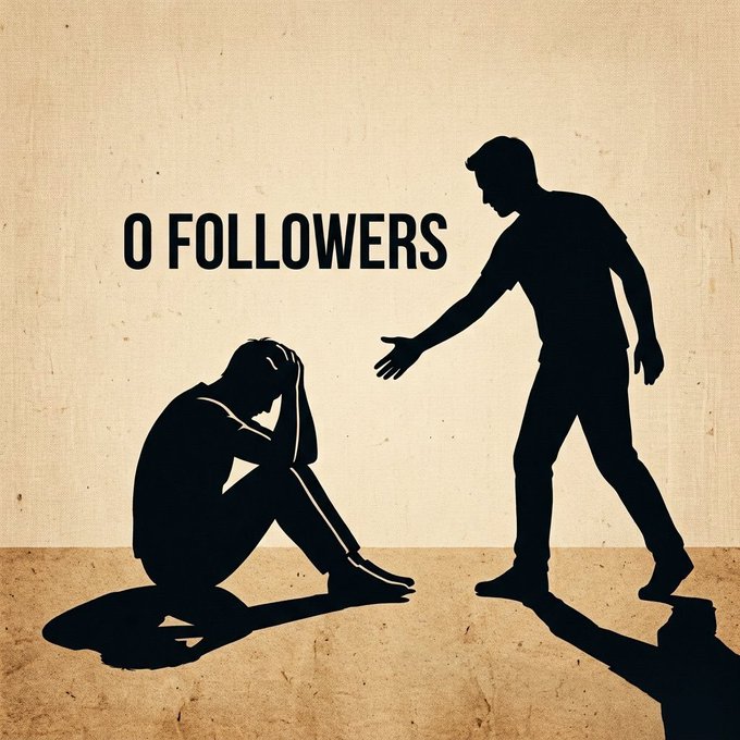 A stylized illustration shows the silhouette of a woman sitting on the ground with her head in her hands while a man reaches a hand out toward her, accompanied by the text '0 FOLLOWERS'.