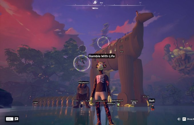 A screenshot from a video game showing a character named 'Gamble With Life' standing in a vibrant, pink-hued landscape near a large horse-like structure.