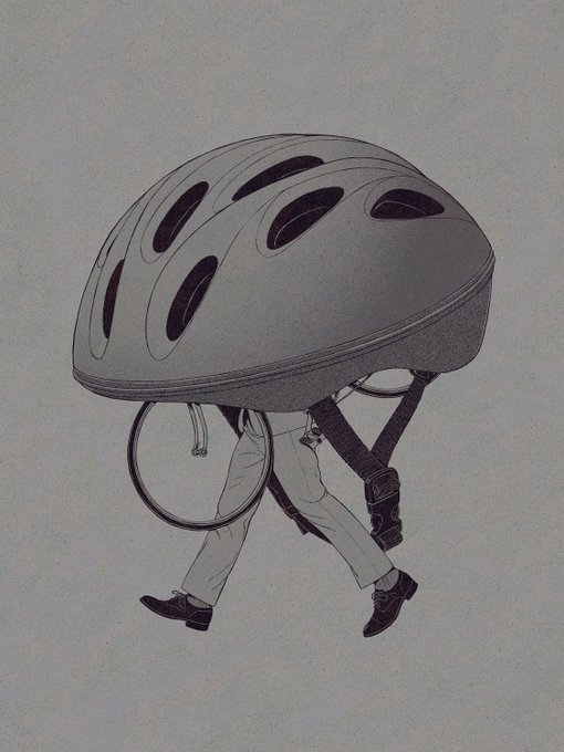 An illustration of a person wearing a gray bicycle helmet, with their legs and shoes visible below, shown from a side angle against a plain background.
