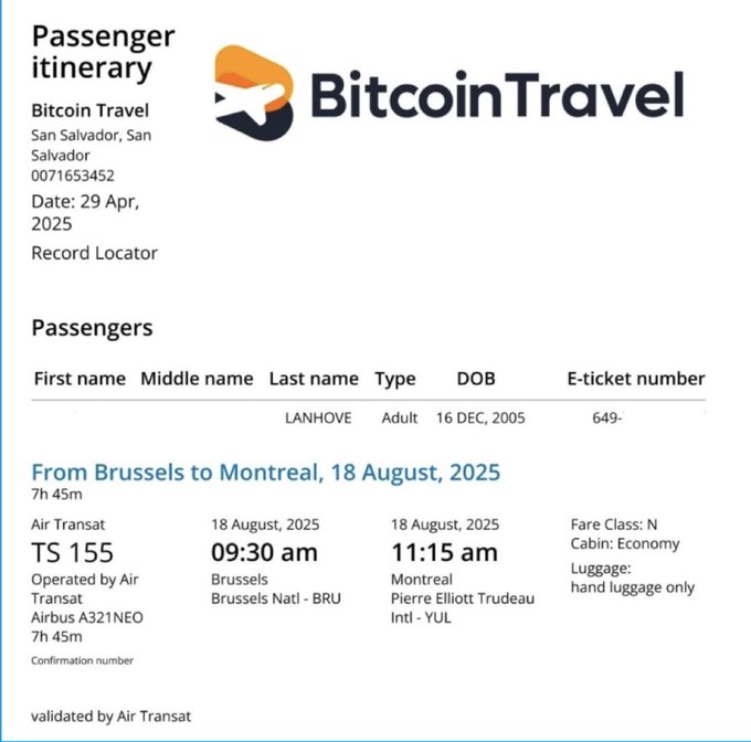 A 'Bitcoin Travel' passenger itinerary for LANHOVE shows an Air Transat flight TS 155 from Brussels to Montreal on 18 August, 2025, departing 09:30 am and arriving 11:15 am.