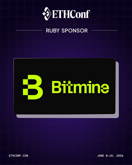The image features an advertisement for a Bitcoin event or convention. The poster has a square shape with the word "bitcoin" written on the top left side of it. Below the word "bitcoin," there are two symbols representing the Ethereum conference logo and the Twitter logo, respectively. The text at the bottom of the poster states that the event is happening in June 9th, 2008 in New York City (Establishing the world's premier Ethereum urn. A publicly traded digital asset platform maximizingETH per share through strategic treasuring & native protocol participation. Welcome @BitMNR as a Ruby Sponsor of ETHConf.).