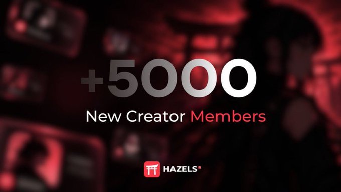 The image shows a promotional graphic with a dark red, blurred background displaying "+5000 New Creator Members" in large white and red text, with the "HAZELS" logo at the bottom. It visually celebrates Hazels' milestone of surpassing 5,000 creators joining their platform, complementing the post's excitement about this impressive growth within the Hazels Studio community.